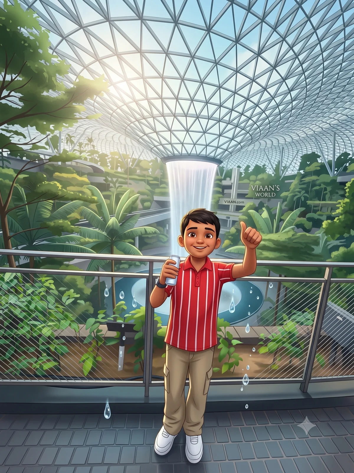 Illustration of Viaan giving a thumbs up in front of the Rain Vortex waterfall at Jewel Changi Airport, Singapore